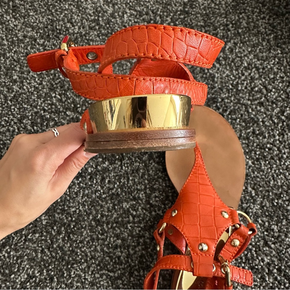 Casadei Orange Croc Embossed Studded Thong Flat Sandals Made In Italy - Picture 5 of 10